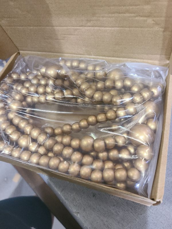 Photo 1 of 12 Feet Christmas Wooden Beads Garland Round Craft Farmhouse Vintage Wood Bead Garlands for Xmas Decoration Supplies(Gold)