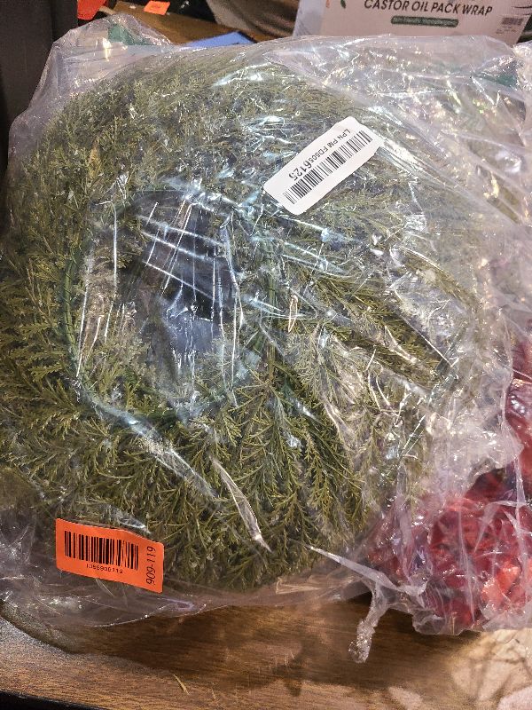 Photo 1 of 12 Pcs Small Christmas Norfolk Wreaths 15 Inch Christmas Kitchen Cabinet Mini Wreath Real Touch with Bow Ribbon Cedar Red Berry for Xmas Front Door Window Chair Fireplace Table Pillar Farmhouse Decor