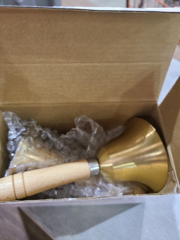 Photo 1 of 2 Pieces Solid Brass Hand Call Bells with Wooden Handbells Handle for Ringing Loud Hand Held Service Brass Call Elderly Wedding Animal Training Bell(3.15 x 3.15 x 5.9 Inch)