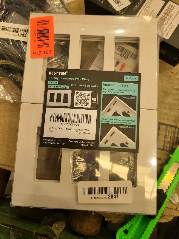 Photo 1 of [4 Pack] BESTTEN 3 Gang Mid-Size Screwless Outlet Cover, Midway Decorative Wall Plate, USWP6 Gloss Snow White, Midsize H4.88" x W6.74", UL Listed