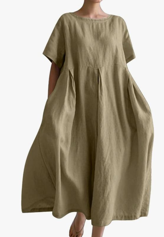 Photo 1 of  Womens Summer Cotton Flowy Maxi Dress Short Sleeve V Neck Empire Waist Boho Tiered Ruffle Casual Loose Long Dresses (Large, green 