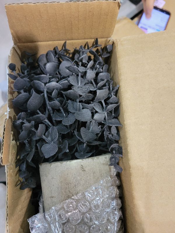 Photo 1 of 2 Pack Black Fake Eucalyptus Small Fake Plants Potted Artificial Plants for Halloween Decorations Shelf Desk Home Farmhouse Room Coffee Table Bathroom Decor(Black)