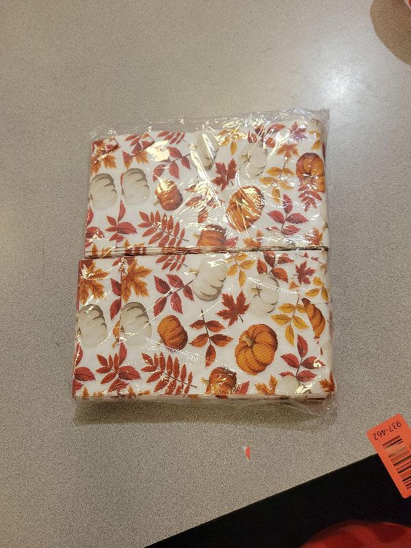 Photo 1 of 100 Pack Fall Thanksgiving Paper Napkins - Disposable Pumpkin and Autumn Maple Leaves Pattern Serviettes Tableware Luncheon Cocktail Napkin Party Supplies for Holiday Dinner Decorations