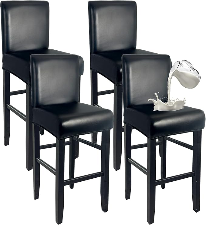 Photo 1 of **MSRP 28.99**PU Leather Bar Stool Covers with Backs 100% Waterproof Bar Stools Covers Set of 4, Removable Stretch Barstool Slipcovers for Pub Cafe Dining Room (Black)