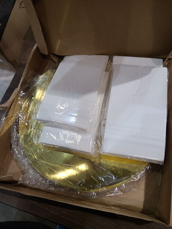 Photo 1 of 100 Pcs 13" Christmas Round Gold Placemats 100 Disposable Gold Foil Trim Napkins Mirrored Golden Chargers Place Mat for Banquet Birthday Wedding Table Setting Christmas Dinner New Years Party Decor