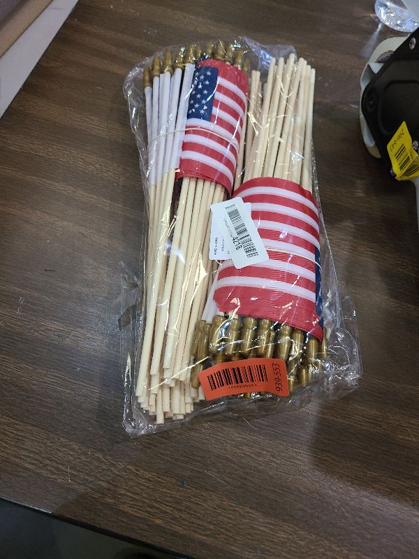 Photo 1 of 100 Pack Small American Flags on Stick, 4x6 Inch Small US Flags/American Flags for Outside, Mini Hand Held Stick Flags with Kid-Safe Spear Top, Memorial Day, Independence Day Decor,Patriotic Decorations