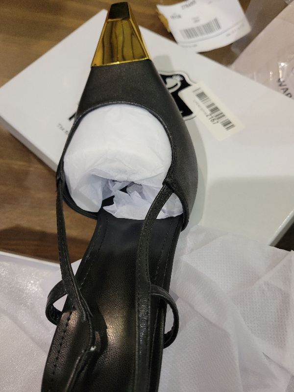 Photo 1 of THESHY Womens Slingback High Heels Metal Pointed Toe Leather High Stiletto Heel Pumps Slip on Elastic Strap Fashion Dress Shoes for Women Black