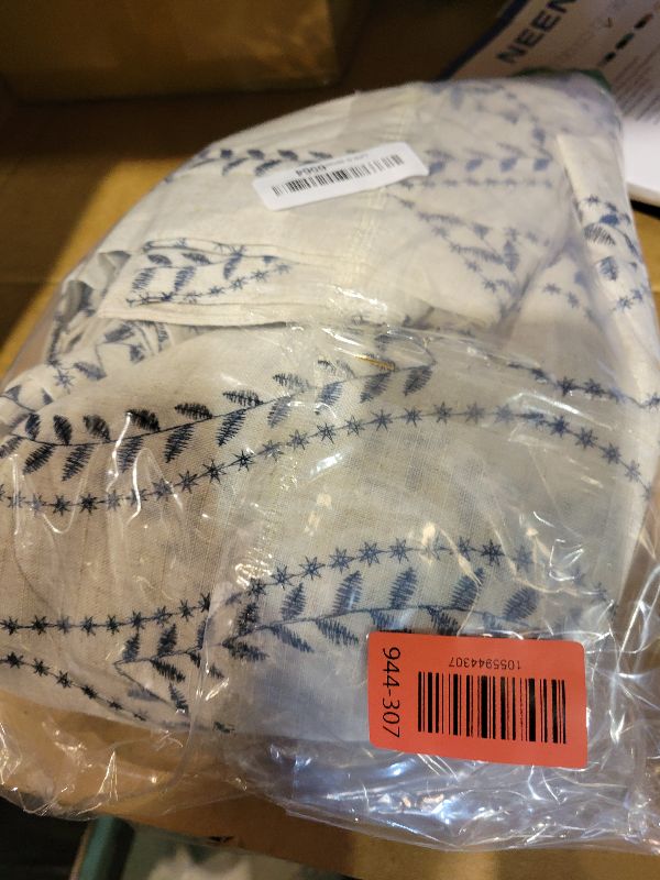 Photo 1 of jinchan Boho Linen Blend Beige Farmhouse Curtains 84 Inch Length 2 Panels Set Blue Embroidered Leaf Living Room Ogee Geometry Drapes Light Filtering Curtains Grommet Blue on Flax