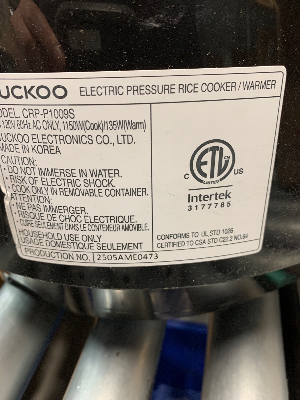 Photo 1 of **SOME SCRATCHES ON TOP, TURNS ON** CUCKOO High Pressure Rice Cooker 10-Cup Uncooked / 20-Cup Cooked with Nonstick Inner Pot, Large Rice Maker with 13 Menu Options and Steam Plate, Fuzzy Logic Tech, Voice Guide, Black (CRP-P1009SB)
