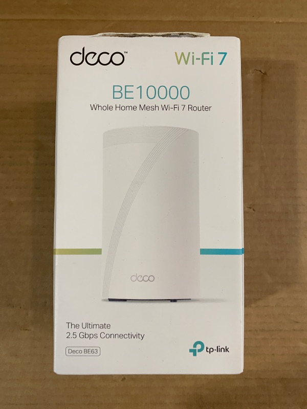Photo 1 of (UNTESTED) (MISSING POWER CORD) TP-Link Deco BE63 Tri-Band WiFi 7 BE10000 Whole Home Mesh System- 6-Stream 10 Gbps, 4X 2.5G Ports Wired Backhaul, 4X Smart Internal Antennas, VPN, MU-MIMO, HomeShield, Free Expert Support (1-Pack)