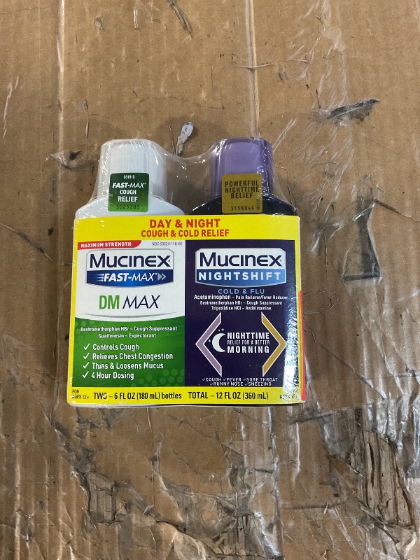 Photo 1 of Maximum Strength Mucinex FastMax DM Max & Mucinex Nightshift Cold & Flu Liquid (2 x 6 fl. oz.) Thins & Loosens Mucus, Relieves Cough & Chest Congestion, Pain, Fever, Sneezing, Sore Throat, Runny Nose