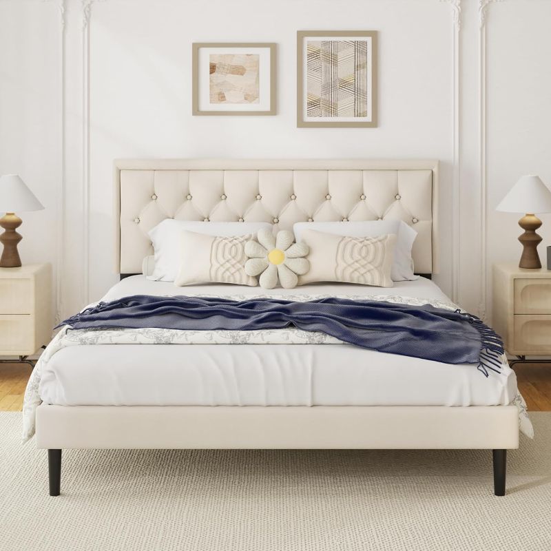 Photo 1 of *STOCK PHOTO FOR REFERENCE* CREAM COLOR* CXVX Full Size Bed Frame with Diamond Tufted Headboard, Velvet Upholstered Platform Bed and Wooden Slat Support, Noise-Free, No Box Spring Needed, Easy Assembly