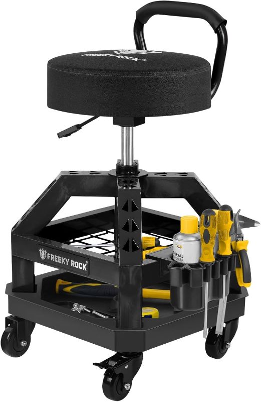 Photo 1 of  FreekyFit Adjustable Shop Stool,Garage Mechanic Stool Chair,Work Seat for Workshop, Adjustable Height, 360° Swivel Padded Square Seat,Tool Storage, 350 LBS Capacity, Heavy Duty, Blue