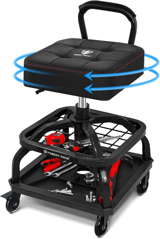 Photo 1 of  FreekyFit Adjustable Shop Stool,Garage Mechanic Stool Chair,Work Seat for Workshop, Adjustable Height, 360° Swivel Padded Square Seat,Tool Storage, 350 LBS Capacity, Heavy Duty, Blue