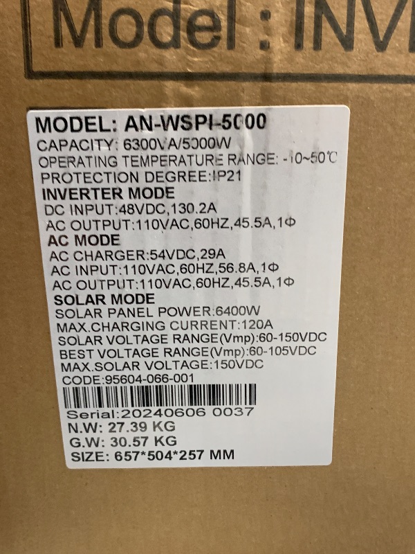 Photo 1 of ***FACTORY SEALED OPENED FOR INSPECTION*** Anern 5000W Solar Inverter 48Vdc to 110Vac, 5KW Off-Grid Hybrid Solar Inverter with 120A MPPT Charge Controller, Max. 150V PV Input, Fit for 48V Lithium Lead-Acid Gel Battery Off-Grid System