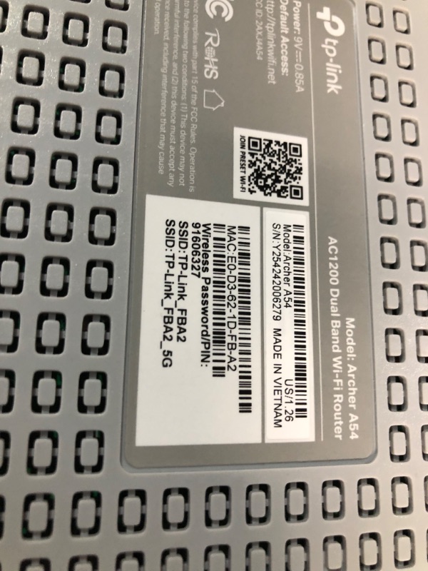 Photo 1 of ***(USED/ UNABLE TO TEST ITEM)***TP-Link AC1200 WiFi Router (Archer A54) - Dual Band Wireless Internet Router, 4 x 10/100 Mbps Fast Ethernet Ports, EasyMesh Compatible, Support Guest WiFi, Access Point Mode, IPv6 & Parental Controls
