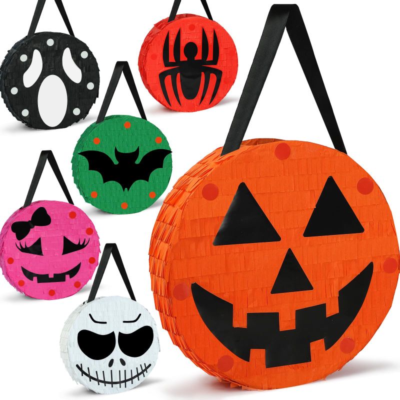 Photo 1 of  FOUR BOXES  10" Mini Halloween Pinata Set - Spider, Pumpkin, Bat, Skeleton, Skull, Black Cat Pinatas for Party decoration | Treat Buckets and Halloween Basket for kids (4)