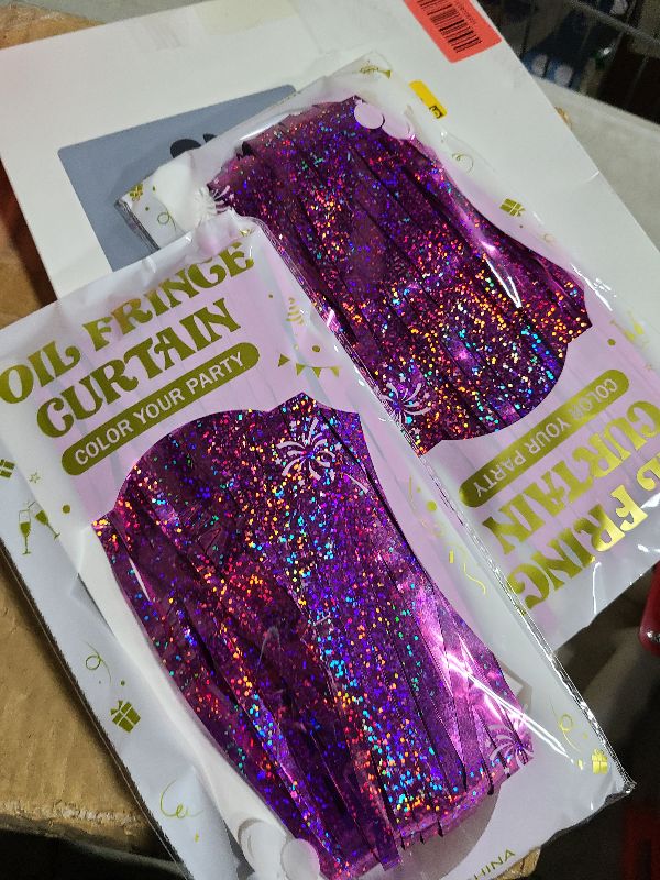 View 2 of 2 Pack Glitter Pink Backdrop, 3.28 FT x 7.05 FT Birthday Party Decorations, Laser Pink Fringe Curtains Foil Streamer Tinsel, Pink Curtains Photo Backdrop Happy Birthday Backdrop