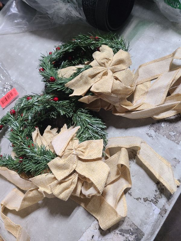 Photo 1 of 10 Inch Mini Christmas Wreath, Small Christmas Kitchen Cabinet Wreaths with Bow Ribbon and Red Berries Holiday Xmas Decor for Window Door Chair Fireplace Table Centerpiece Indoor Outdoor