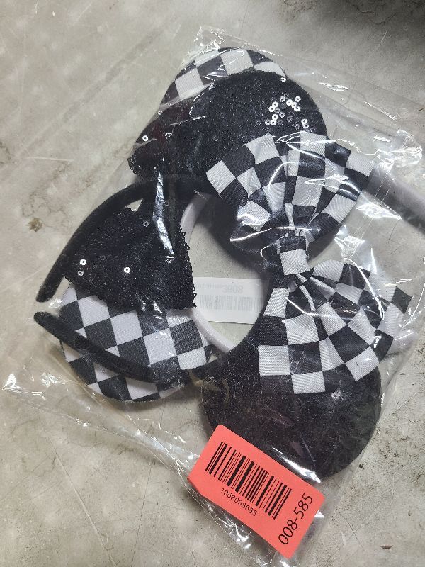 Photo 1 of 2 Pcs Checkered Mouse Ears Black White Checkered Mouse Ears with Bows Sequin Headbands for Adults, Halloween Birthday Party Favors Hair Accessories