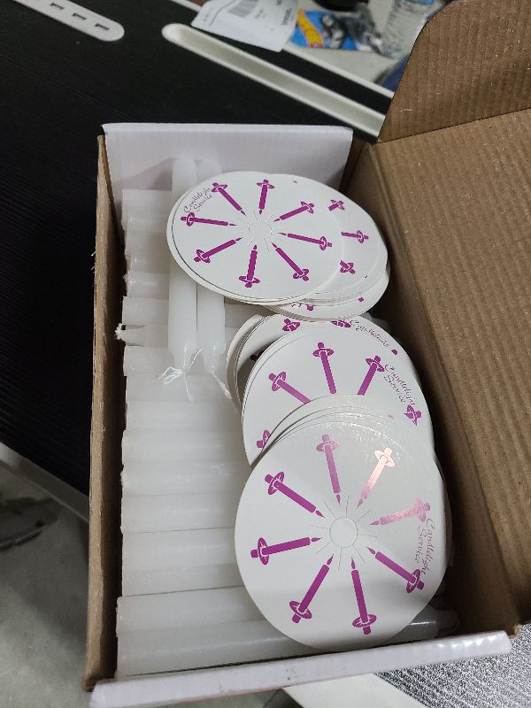 Photo 1 of 100-Pack White Unscented Taper Candles with Drip Protectors, 4.7" x 0.47" - Smokeless Pure Wax Prayer Candles for Church, Vigil, Memorial, Shabbat & Religious Services