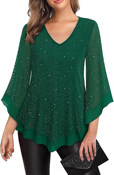 Photo 1 of **MSRP 29.99**Lotusmile Womens Dressy Blouse Double Layers Mesh Shirt Ruffle 3/4 Flared Sleeve Tunic Tops Sparkly Emerald Green XXL