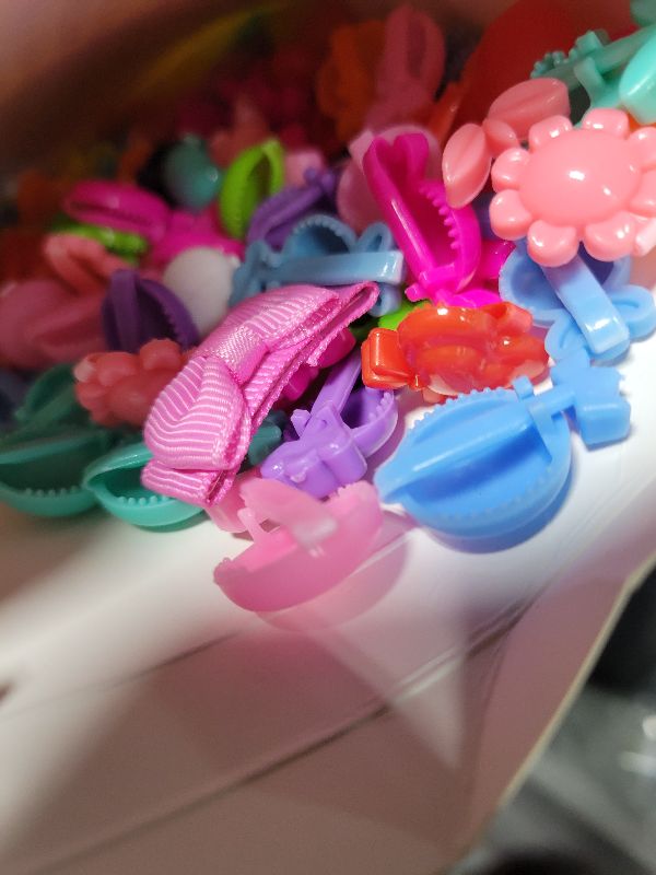 Photo 1 of 120 Pieces Self Hinge Plastic Hair Clips Hair Barrettes for Girls Multi Coloured Flower, Candy, Fish 80s 90s Mini Cartoon Design Barrettes Pins for Toddler Girls