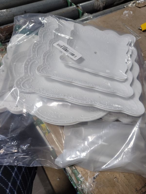 Photo 1 of 10 Pcs Cake Stand White Plastic Dessert Table Display Set 4 Pcs 3 Tired Cupcake Stand Cookie Tray Rack Serving Tray Cake Display Tower and 6 Pcs Dessert Trays for Wedding Baby Shower Tea Party (White)