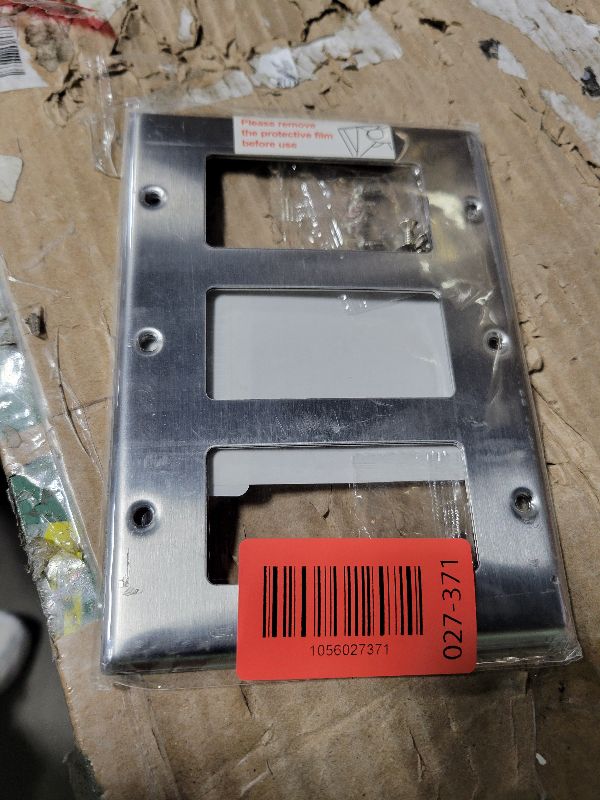 Photo 1 of [2 Pack] BESTTEN 3-Gang Decorator Metal Wall Plate with Plastic Film, Standard Size, H4.53" x W6.38", Decor Stainless Steel Outlet Cover and Switch Wallplate, Brushed Finish, Silver