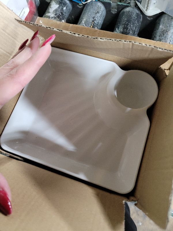 Photo 1 of 2 Pcs Chips and Salsa Serving Dish Plates, Veggie Platter Dipping Serving Trays with Sauce Rack for Buffet Family Party Appetizer Sushi Taco Salsa Charcuterie Barbecue Plate, Reusable (White 4PCS)