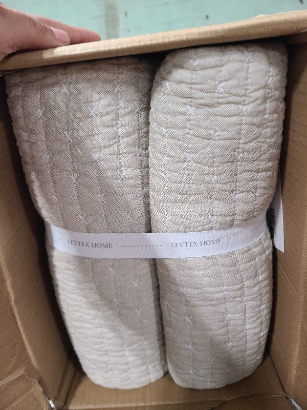 Photo 3 of Levtex Home Cross Stitch Reversible King/Cal King Quilt Set (106x92in) and 2 Pillow Shams (36x20in) - Stitch Texture - Taupe - Cotton King Size Quilt Bedding Set - Lightweight Soft Pre-Washed
