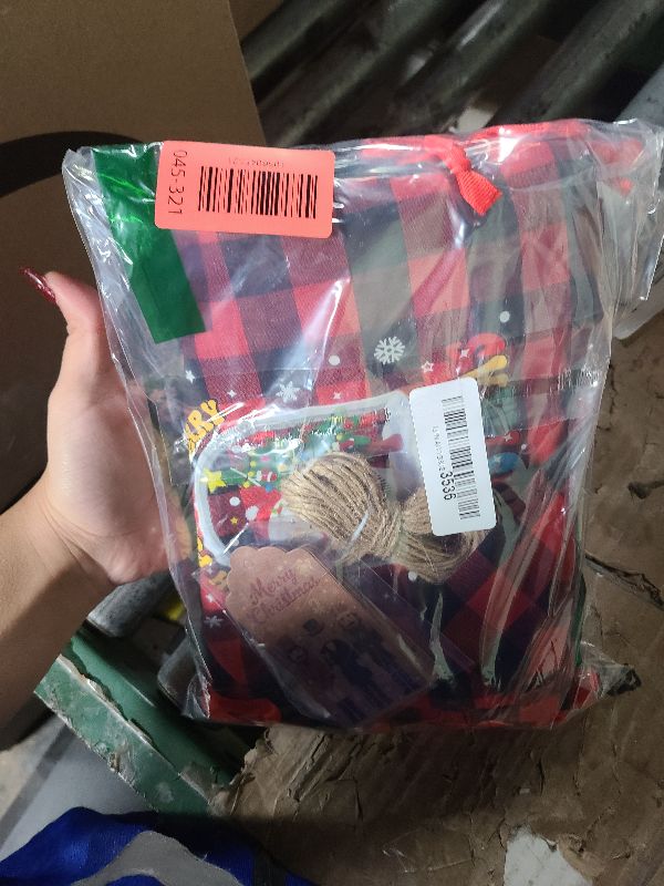 Photo 1 of 12 PCS Burlap Christmas Drawstring Gift Bags, 10x12in Buffalo Plaid Xmas Gift Bags w/ Tags, Cotton Fabric Goody Gift Treat Bags Xmas Sacks Medium Reusable Gift Wrapping Bags for Holiday Party Favors