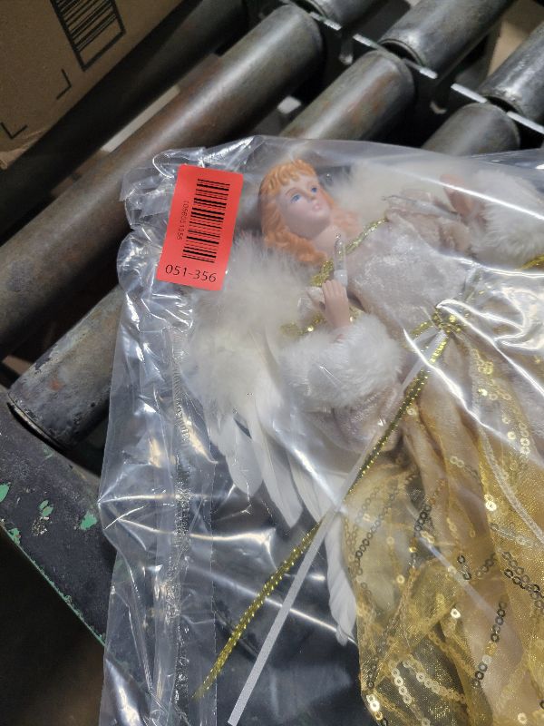 Photo 1 of 14'' Angel Tree Topper with White Feather Wings and Gold Skirt, Christmas Tree Topper with LED Light for Xmas Tree Top Decor Holiday New Year Home Ornament Decorations