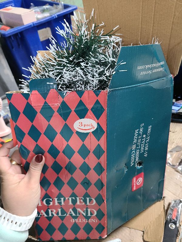 Photo 1 of 15FT Christmas Garland with Lights, Plug-in Lighted Outdoor Christmas for Stairs Railings, Fireplace, Xmas Tree, Indoor & Outdoor Holiday Decoration (3 Pack)