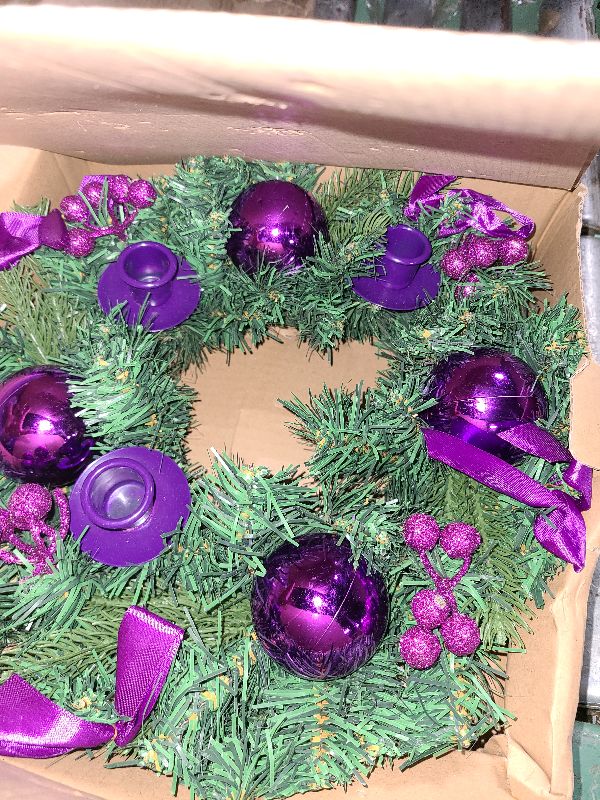 Photo 1 of [Safety Fire Retardant] Purple Christmas Advent Wreath Decoration, Lifelike Feel 4 Advent Candle Holder Centerpiece Christmas Decorations Gift for Church Holiday Home Indoor Ribbons Balls(No Candles)