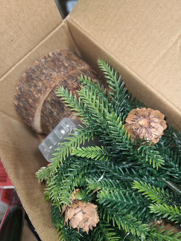 Photo 1 of 2 Pack Artificial Christmas Tabletop Mini Pine Trees, 6.5 in Tall Lighted Holiday Decorations with Wooden Base, Red Berries, Pine Cones for Home Table Windowsill Office Desk Desk Mantel