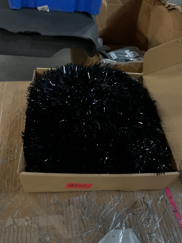 Photo 1 of [Timer& Pumpkin] 6 Ft Black Tinsel Halloween Tree with 60 LED Orange Purple Lights, Pop Up Artificial Pencil Tree with Lantern Topper & 15 Jack-O Pumpkin Balls Ornaments for Halloween Decor Indoor