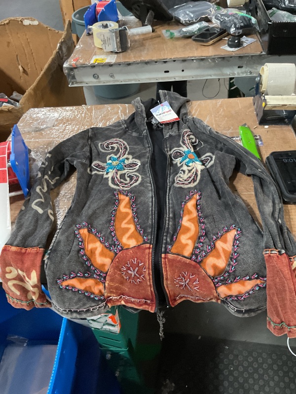 Photo 1 of (used) Fashion Women Sun Flames Floral Hippie Goth Zip Up Hooded Winter Jacket (XL, Black)