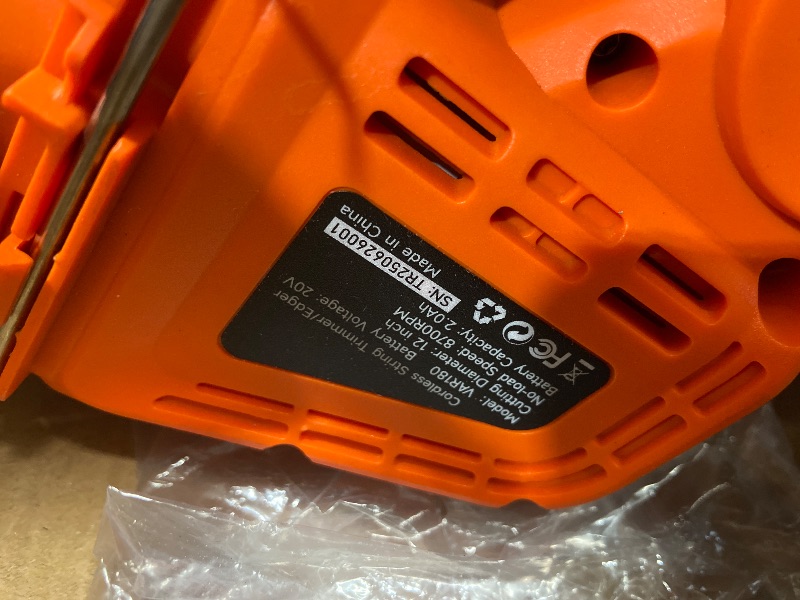 Photo 1 of **NO BATTERIES**VARSK 20V String Trimmer Cordless, 12 Inch 2 in 1 Trimmer and Edger, Automatic Line Feed, Includes 2 X 2.0Ah Batteries/1 X Fast Charger/6 X Spare Spools, for Lawn, Garden, etc, Orange