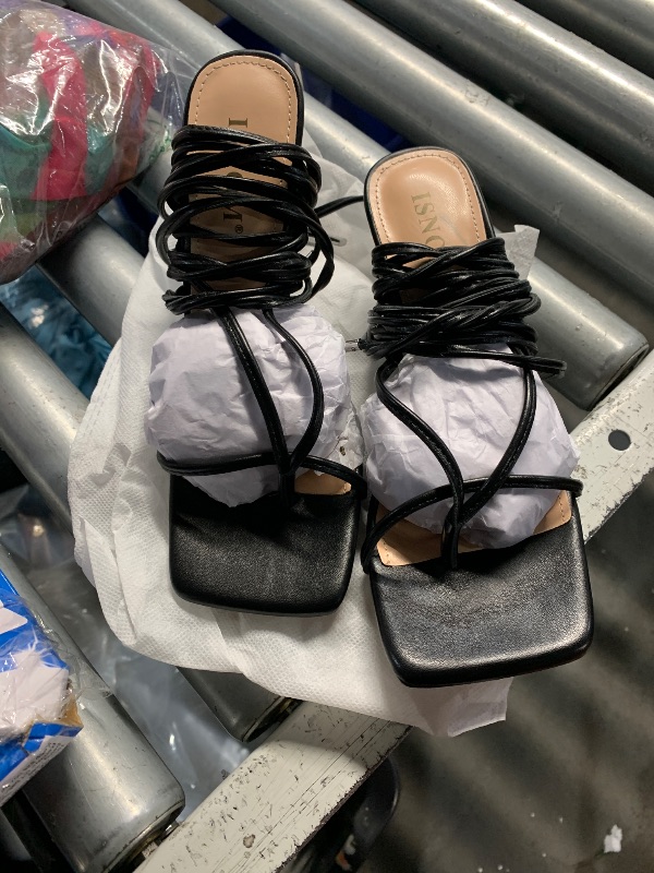 Photo 1 of ***(MINOR DAMAGE)***ISNOM Lace Up Heels Sandals for Women, Square Toe Open Toe Thong Strappy Heels Women's Stiletto Heeled Sandals -Black