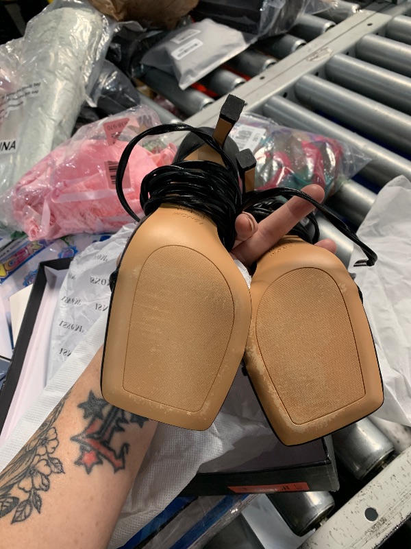 Photo 1 of ***(MINOR DAMAGE)***ISNOM Lace Up Heels Sandals for Women, Square Toe Open Toe Thong Strappy Heels Women's Stiletto Heeled Sandals -Black