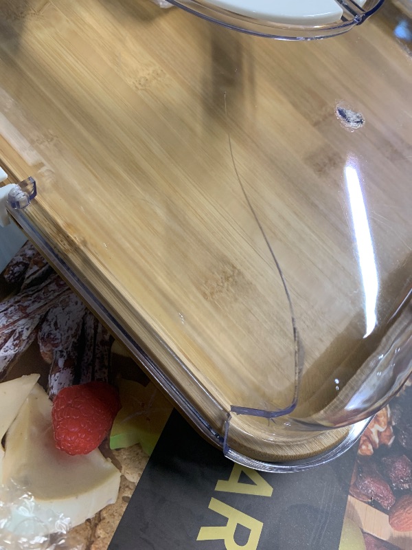 Photo 1 of ***(MINOR DAMAGE/ CRACKED LID)***Charcuterie Board with Clear Lid, 2 Side Large Bamboo Cheese & Cutting Board for Entertaining, Includes 2 Plastic Cutting Mats & 4 Cheese Knives, Charcuterie gift ideas, Picnic Accessories