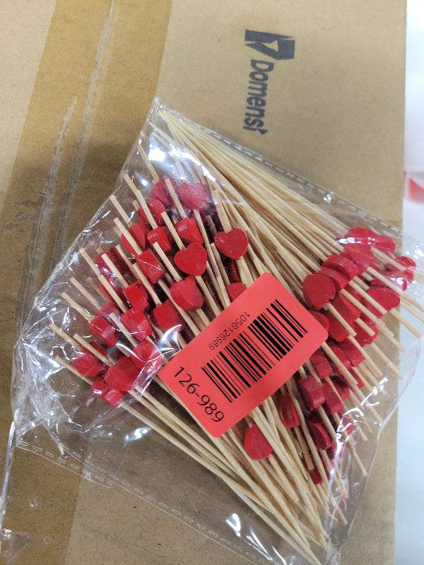 Photo 1 of 100pcs Red Heart Cocktail Picks 4.7" Long Fruit Sticks Food Toothpicks Sandwich Appetizer Charcuterie Skewers, Handmade of Bamboo Wood, for Birthday, Wedding, Valentines Day Decoration Party Supplies