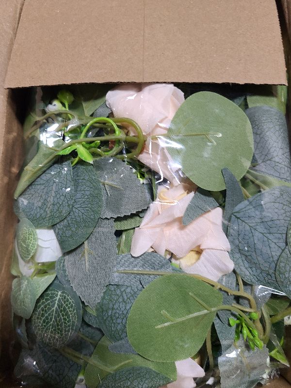 Photo 1 of 2 Pack 13Ft Artificial Eucalyptus Flower Garland with 16 White Peony Pink Rose, Baby Breath Fake Flowers Greenery Garland Floral Vine for Mantle Wedding Table Runner Centerpiece Backdrop Home Decor