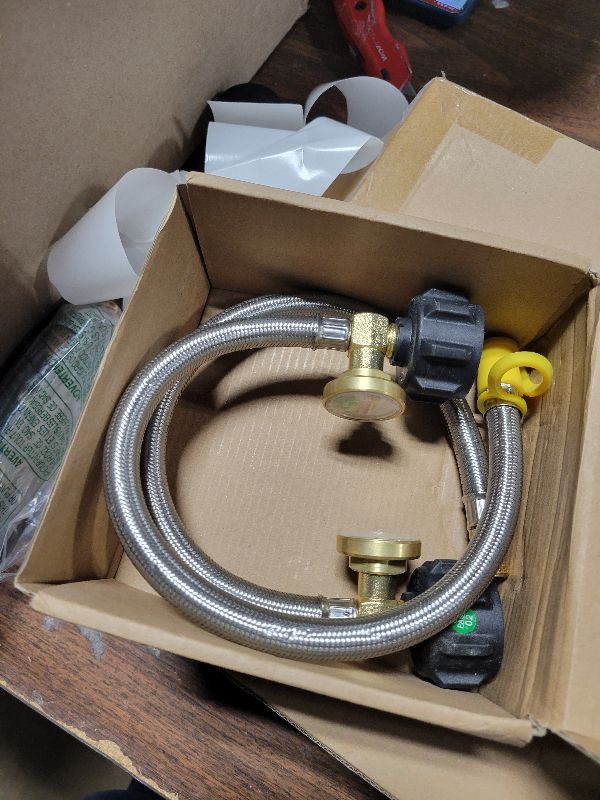 Photo 1 of 18 Inch RV Propane Hose Replacement with Gauge, 2 Pack Camper Propane Hose for RV Two-Stage Regulator, Stainless Steel Braided, 1/4" Male NPT & QCC 1 Inlet, 350PSI