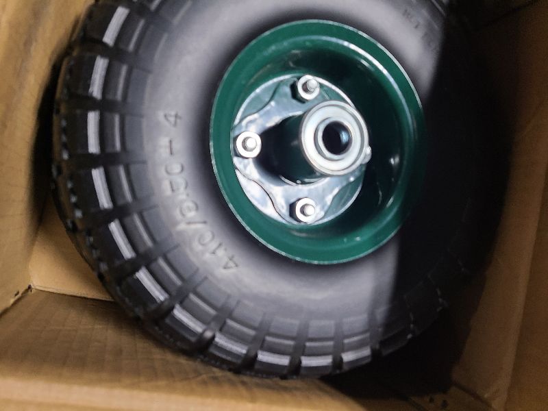 Photo 1 of 2 Pcs 10" Flat Free Tires Solid Pneumatic Tires Wheels, 4.10/3.50-4 Air Less Tires with 5/8 Center Bearings, for Wheelbarrow/Trolley Dolly/Garden Wagon Carts/Hand Truck/Wheel Barrel/Lawn Mower, 2 Pack