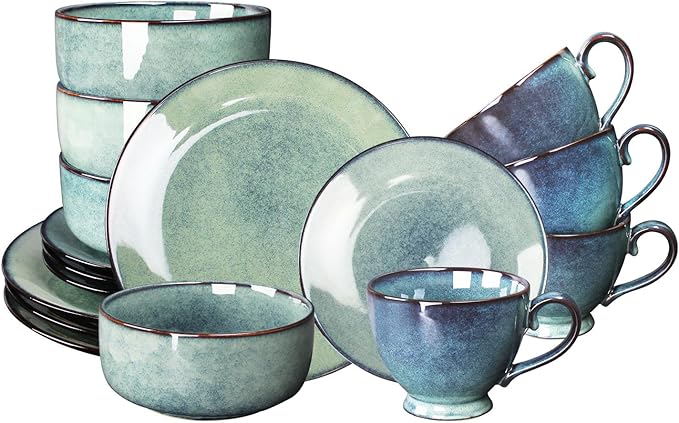 Photo 1 of 16-piece ceramic tableware set (plates, bowls, cups) for 4 people. Eco-friendly ceramic exterior, scratch-resistant, dishwasher and microwave safe. Ideal for dinner or parties.
