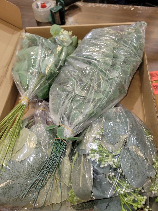 Photo 1 of 100pcs 4 Kinds Mixed Faux Eucalyptus Stems, Bulk Silver Dollar Artificial Eucalyptus Stems Green Faux Greenery Stems for Wedding Vase Bouquets Floral Arrangements