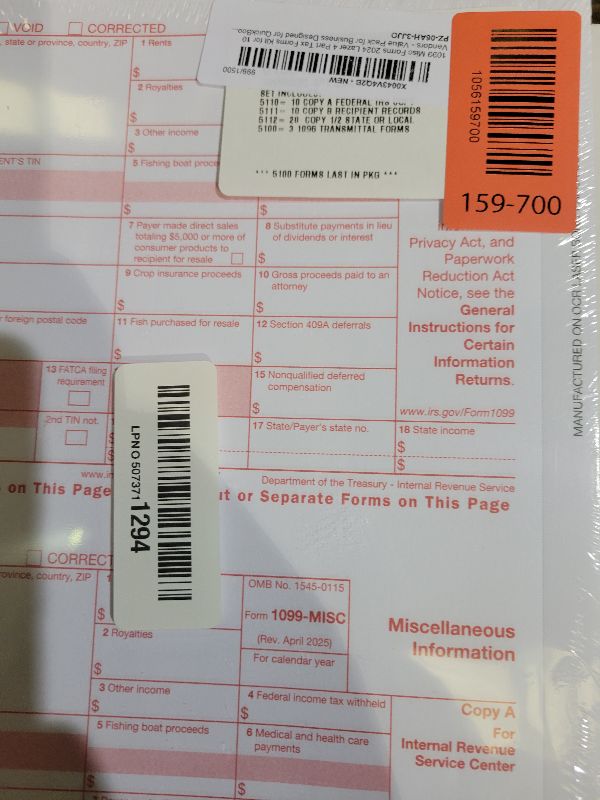 Photo 1 of 1099 Misc Forms 2025 Lazer 4 Part Tax Forms Kit for 10 Vendors - Value Pack for Business Designed for QuickBooks and Accounting Software - Made in The USA - 10-Pack