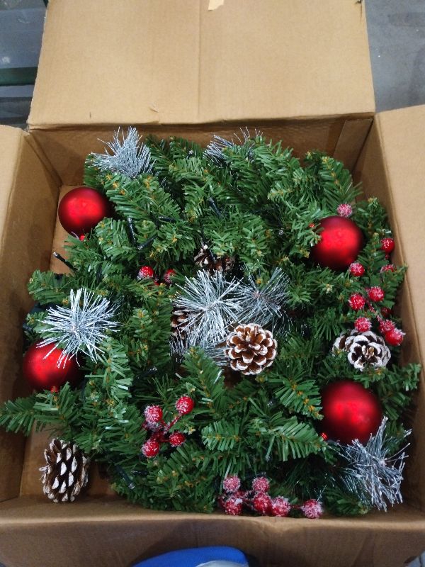 Photo 1 of 20 Inch Pre- Artificial Christmas Wreath for Front Door, Christmas Door Decorations Wreath with LED Warm Lights, Balls, Pine Needles, and Red Berries Wall Windows Ornament